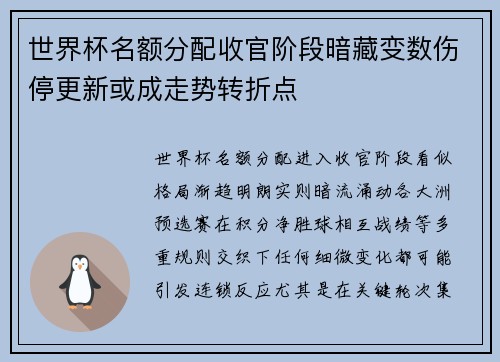 世界杯名额分配收官阶段暗藏变数伤停更新或成走势转折点 世界杯名额分配收官阶段暗藏变数伤停更新或成走势转折点